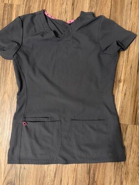 HeartSoul Dark Gray V-Neck Scrub Top with Pink Trim